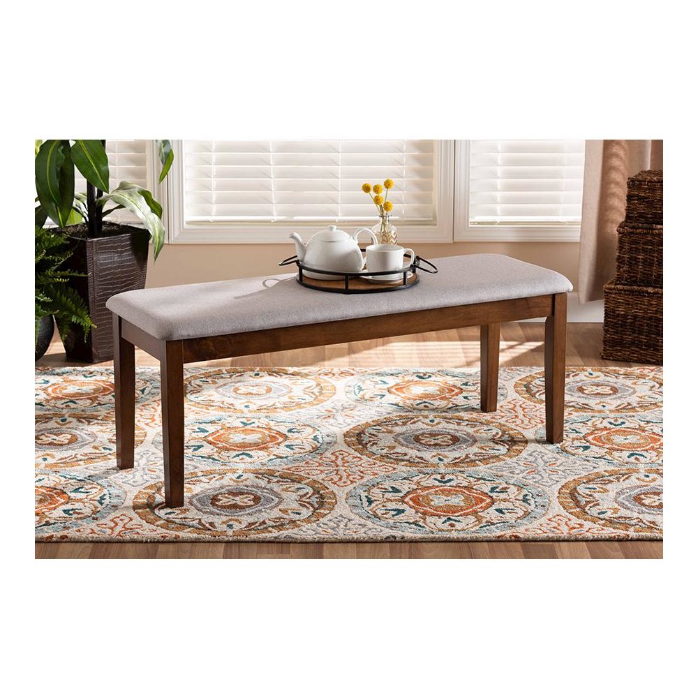 Transitional Grey Fabric Upholstered and Walnut Brown Finished Wood Dining Bench. Picture 15