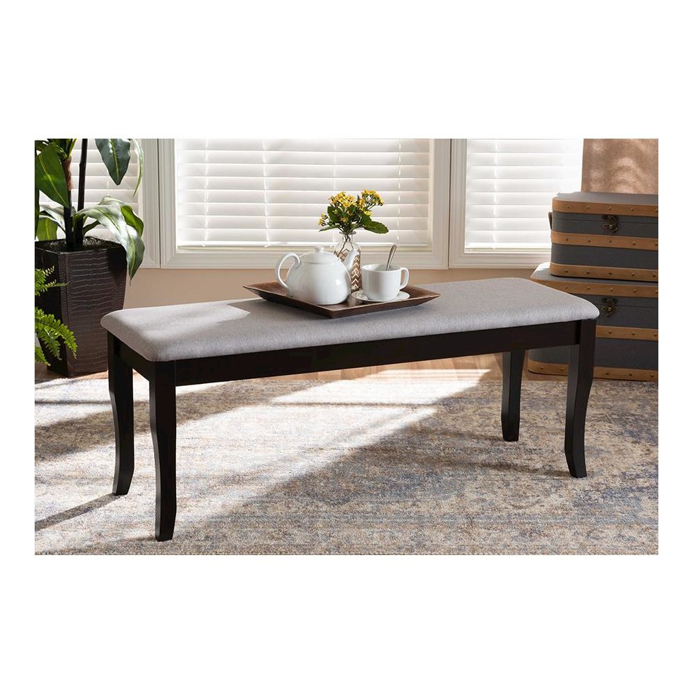 Transitional Grey Fabric Upholstered and Dark Brown Finished Wood Dining Bench. Picture 15
