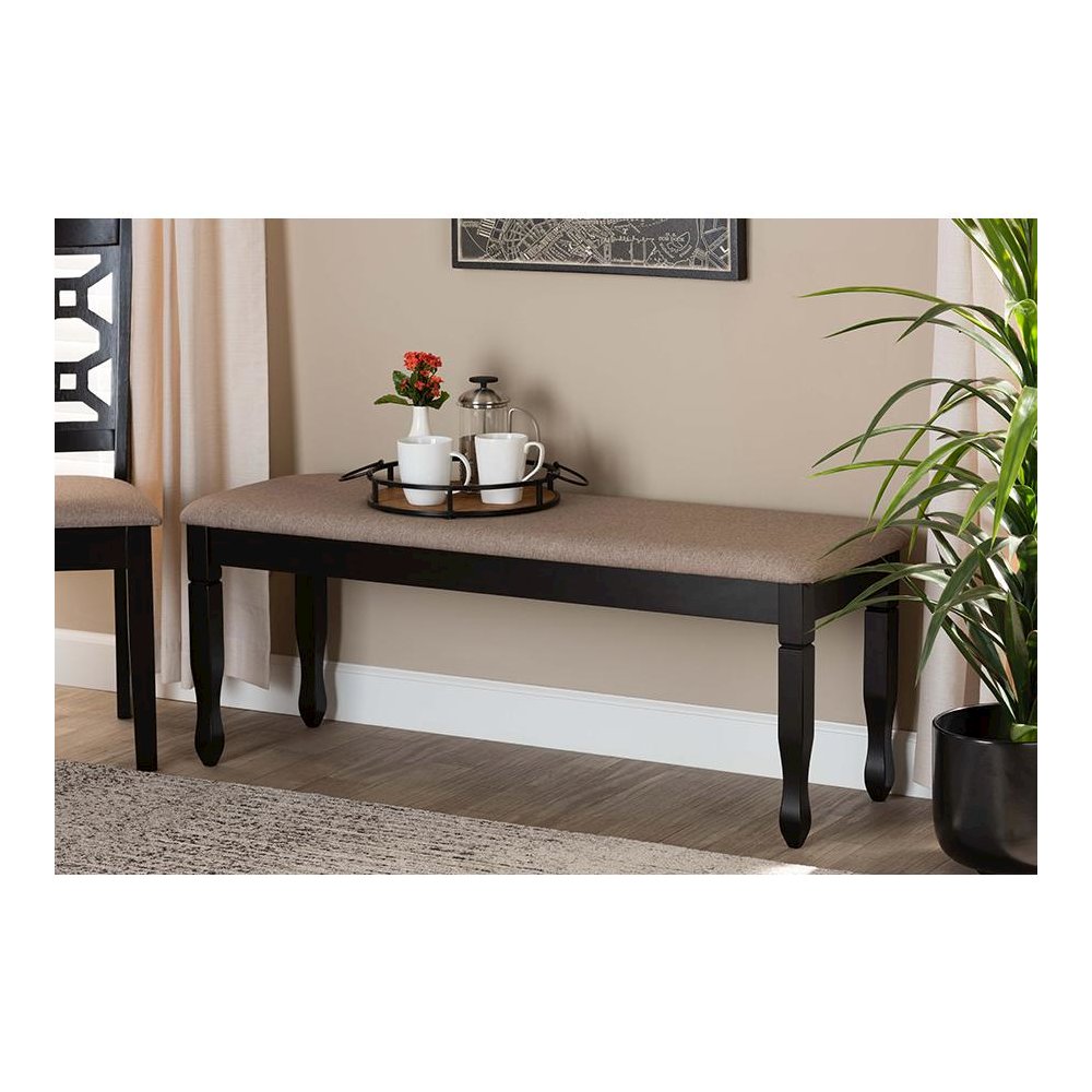 Sand Fabric Upholstered and Dark Brown Finished Wood Dining Bench. Picture 15
