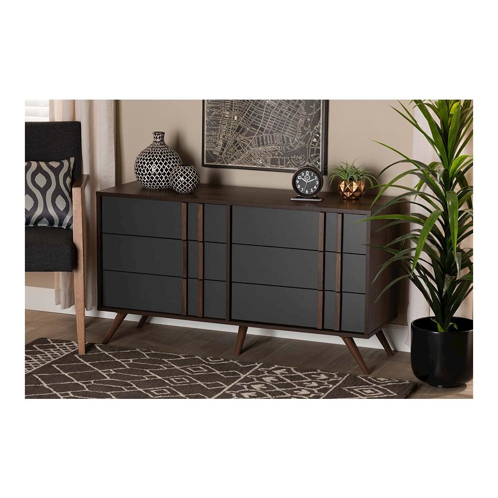 Two-Tone Grey and Walnut Finished Wood 6-Drawer Bedroom Dresser. Picture 19