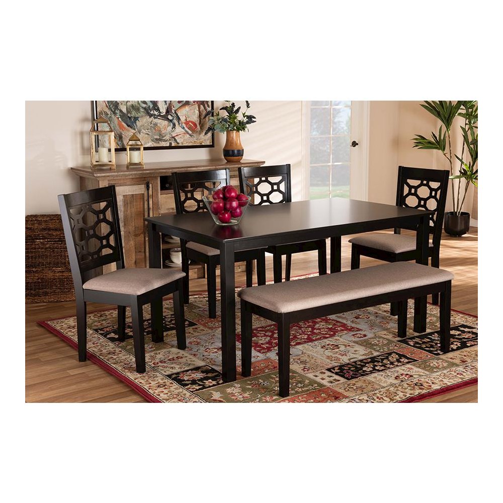 Sand Fabric Upholstered and Dark Brown Finished Wood 6-Piece Dining Set. Picture 19