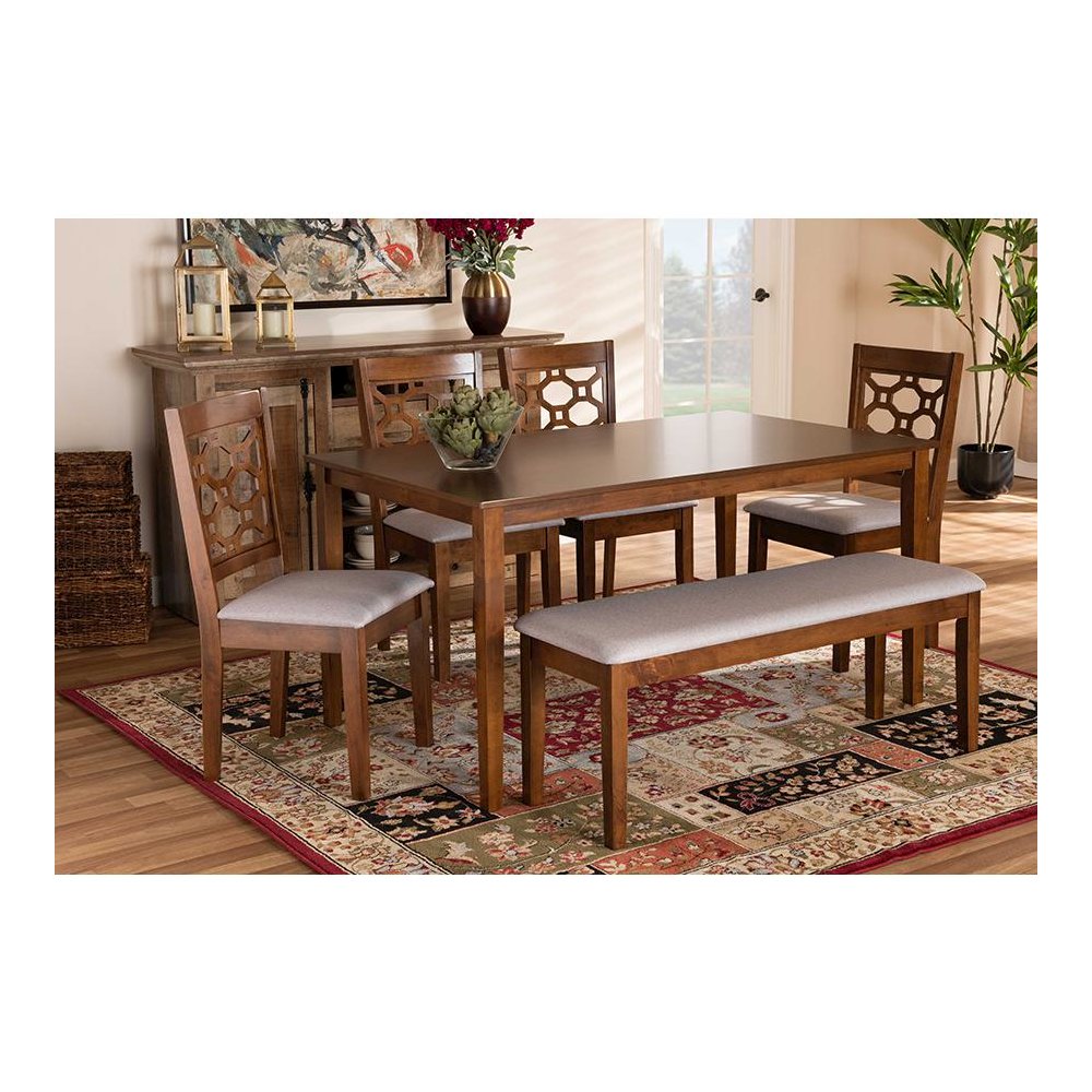 Grey Fabric Upholstered and Walnut Brown Finished Wood 6-Piece Dining Set. Picture 19