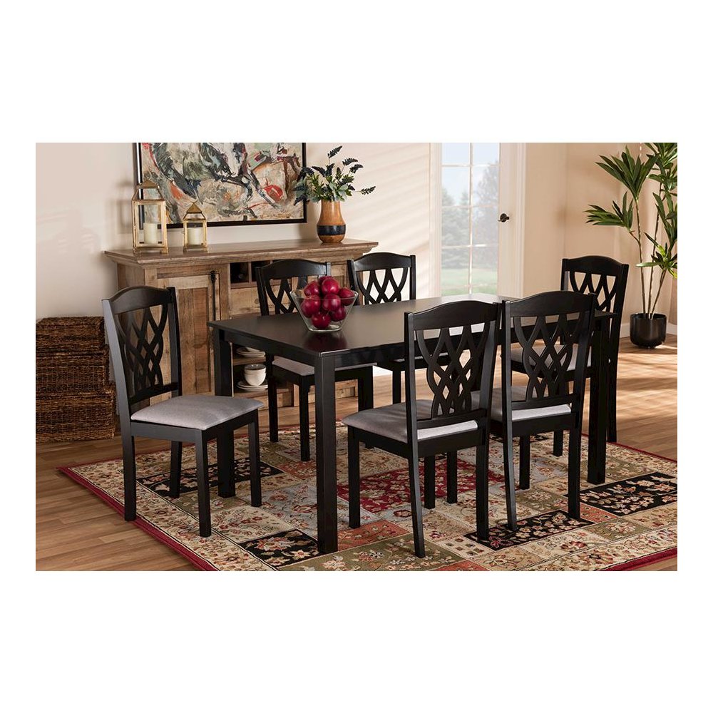 Grey Fabric Upholstered and Dark Brown Finished Wood 7-Piece Dining Set. Picture 17