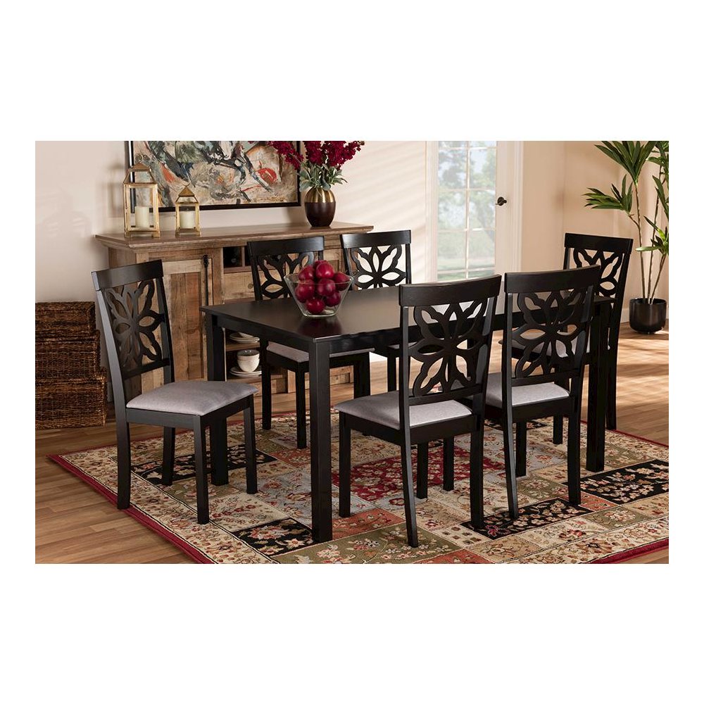 Grey Fabric Upholstered and Dark Brown Finished Wood 7-Piece Dining Set. Picture 17