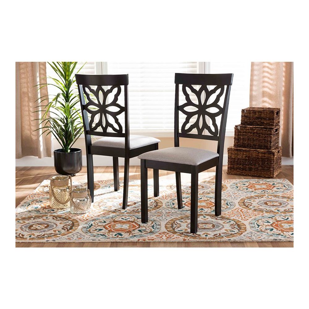 Grey Fabric Upholstered and Dark Brown Finished Wood 2-Piece Dining Chair Set. Picture 15