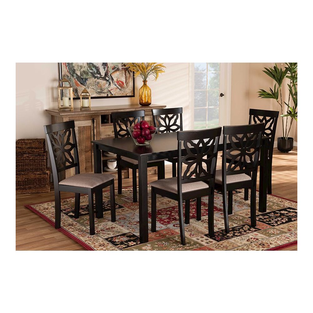 Sand Fabric Upholstered and Dark Brown Finished Wood 7-Piece Dining Set. Picture 17