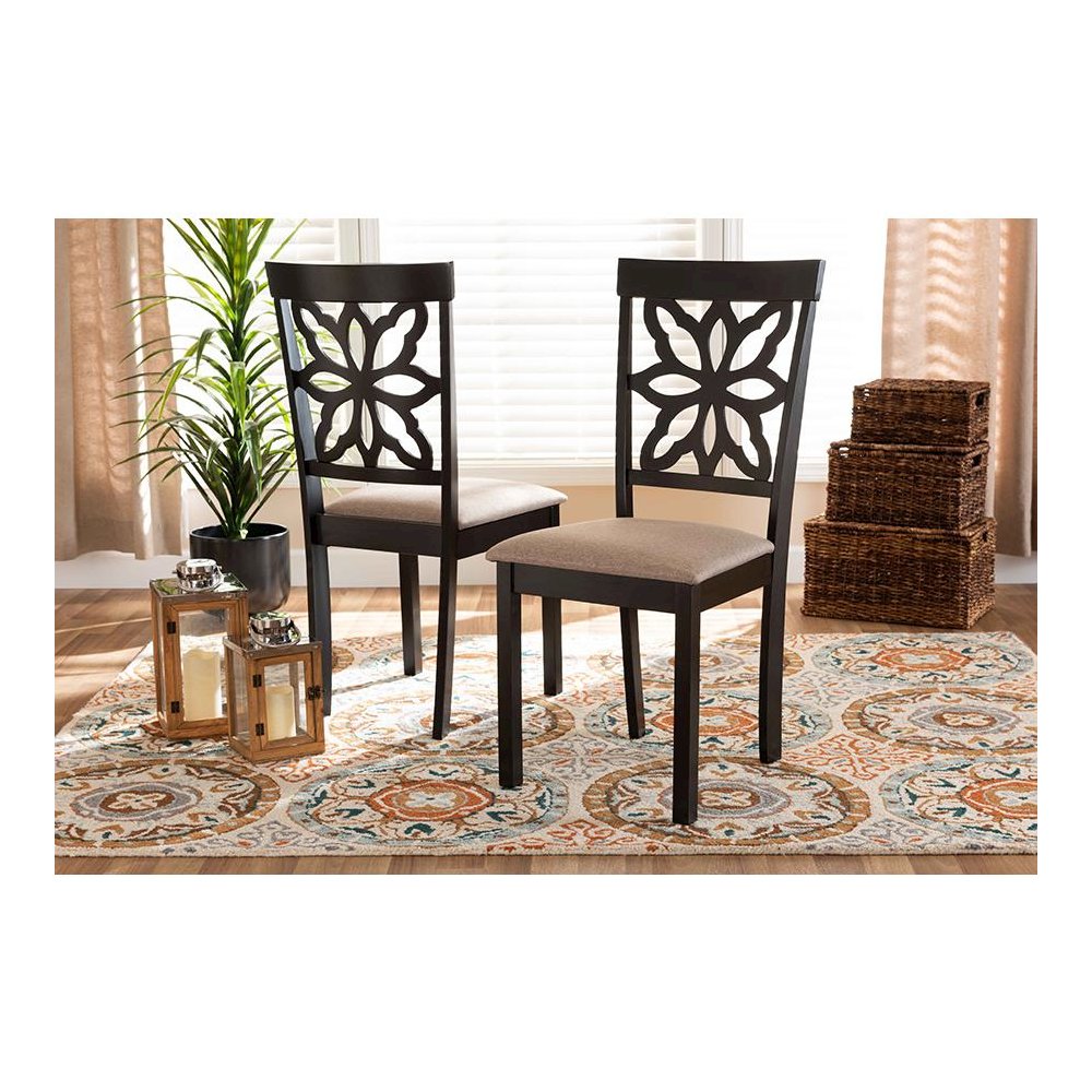 Sand Fabric Upholstered and Dark Brown Finished Wood 2-Piece Dining Chair Set. Picture 15
