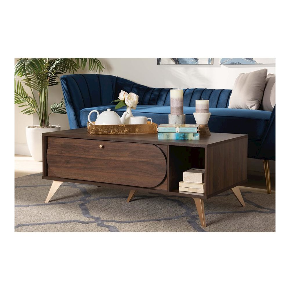 Edel Mid-Century Modern Walnut Brown and Gold Finished Wood Coffee Table. Picture 23