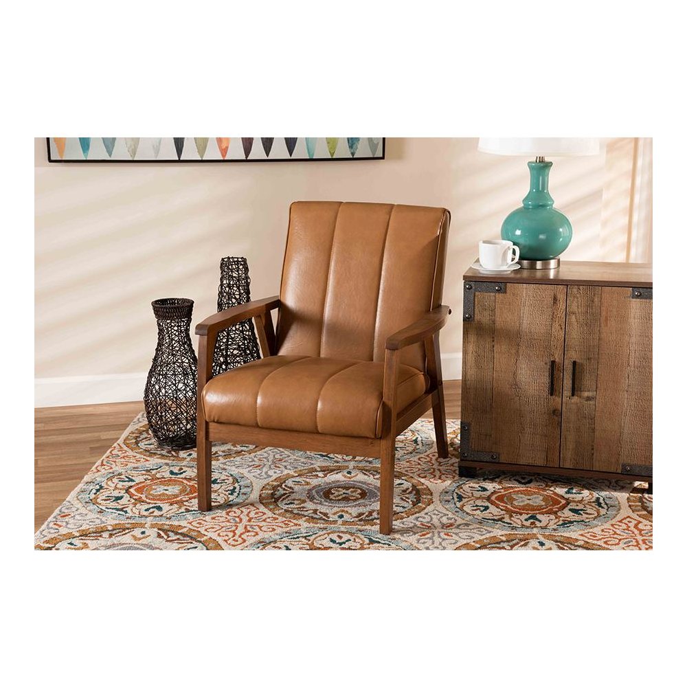 Leather Upholstered and Walnut Brown finished Wood Lounge Chair. Picture 19