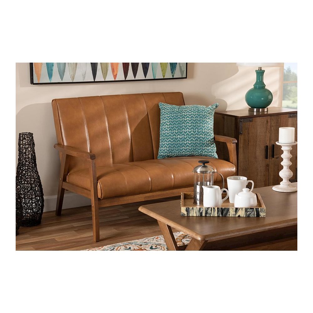 Leather Upholstered and Walnut Brown finished Wood Loveseat. Picture 19
