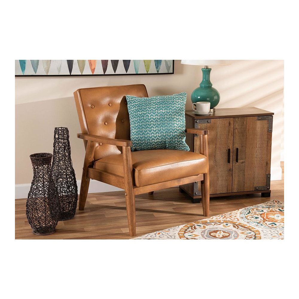 Leather Upholstered and Walnut Brown Finished Wood Lounge Chair. Picture 19