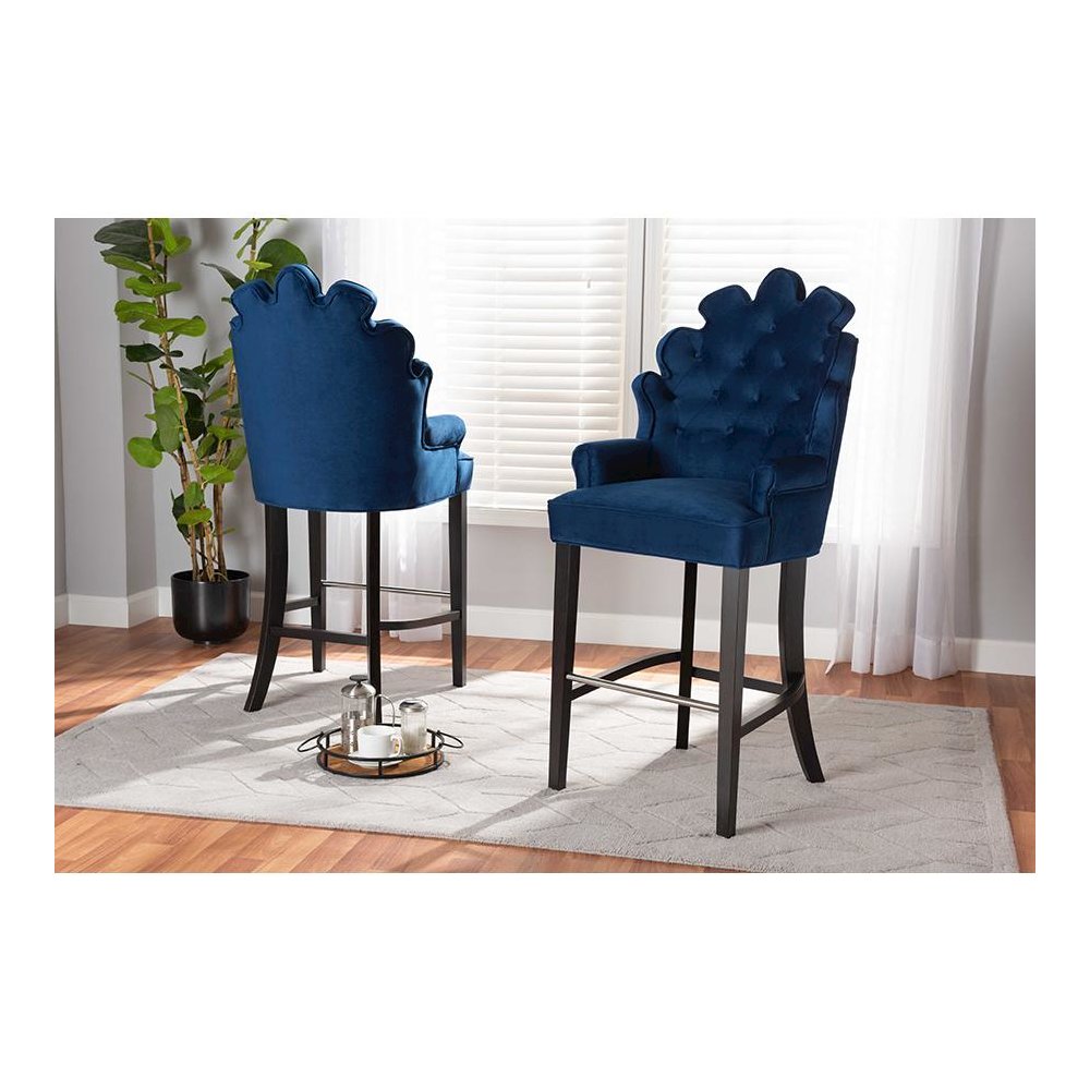 Navy Blue Velvet Upholstered and Dark Brown Finished Wood 2-Piece Bar Stool Set. Picture 17