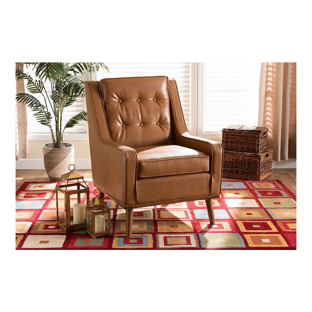 Tan Faux Leather Upholstered and Walnut Brown Finished Wood Lounge Armchair. Picture 21