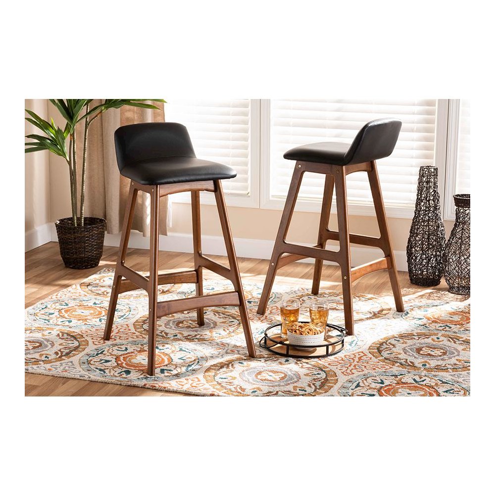 Leather Upholstered and Walnut Brown Finished Wood 2-Piece Bar Stool Set. Picture 17