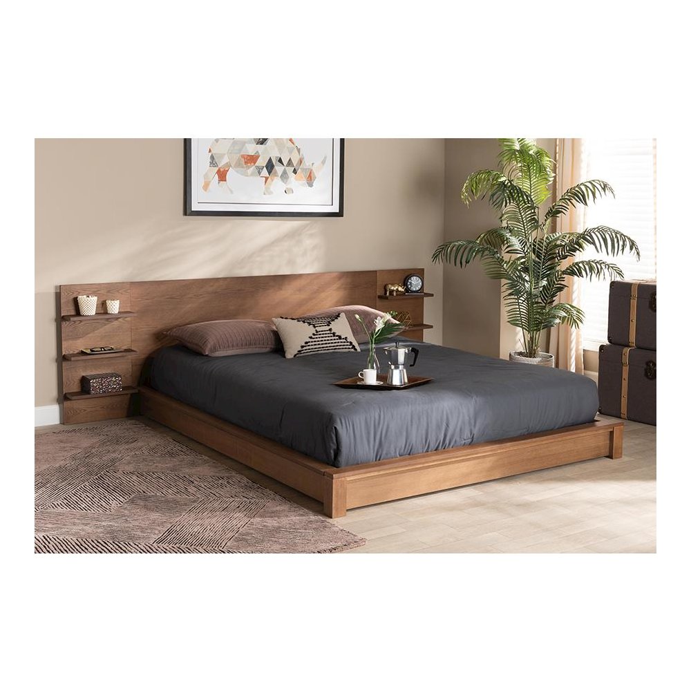 Walnut Brown Finished Wood Queen Size Platform Storage Bed with Shelves. Picture 19