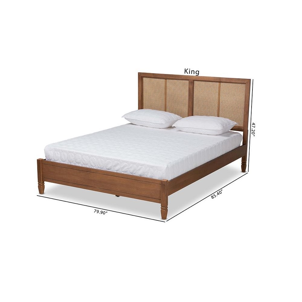 Walnut Brown Finished Wood and Synthetic Rattan Queen Size Platform Bed. Picture 10