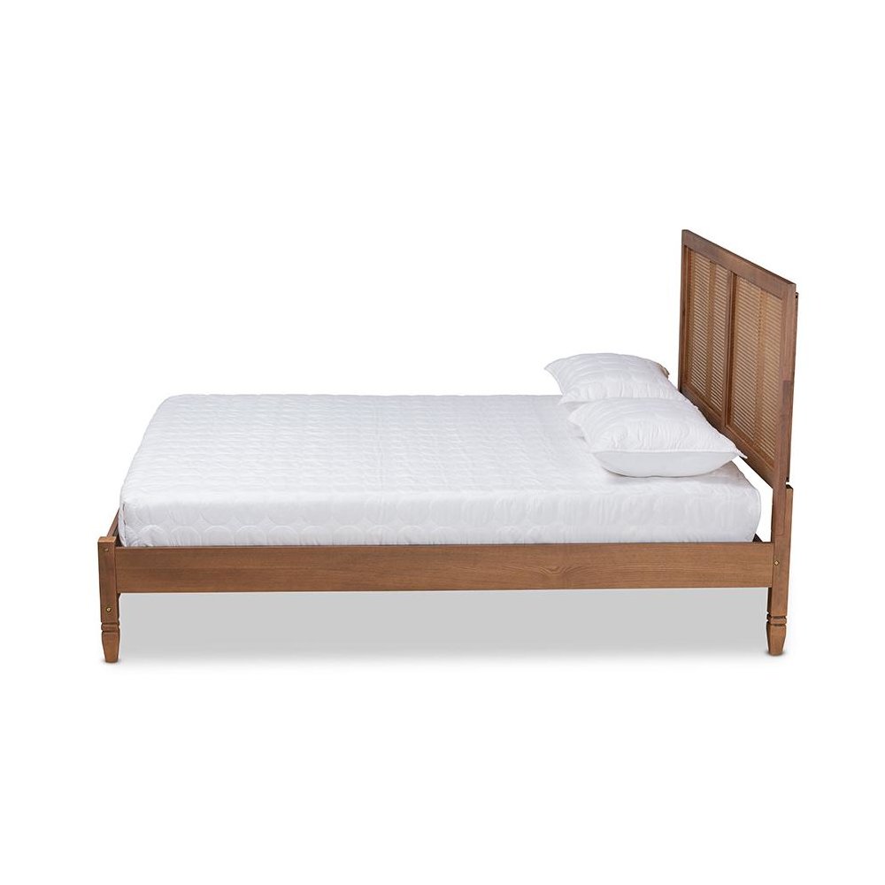 Walnut Brown Finished Wood and Synthetic Rattan Queen Size Platform Bed. Picture 2