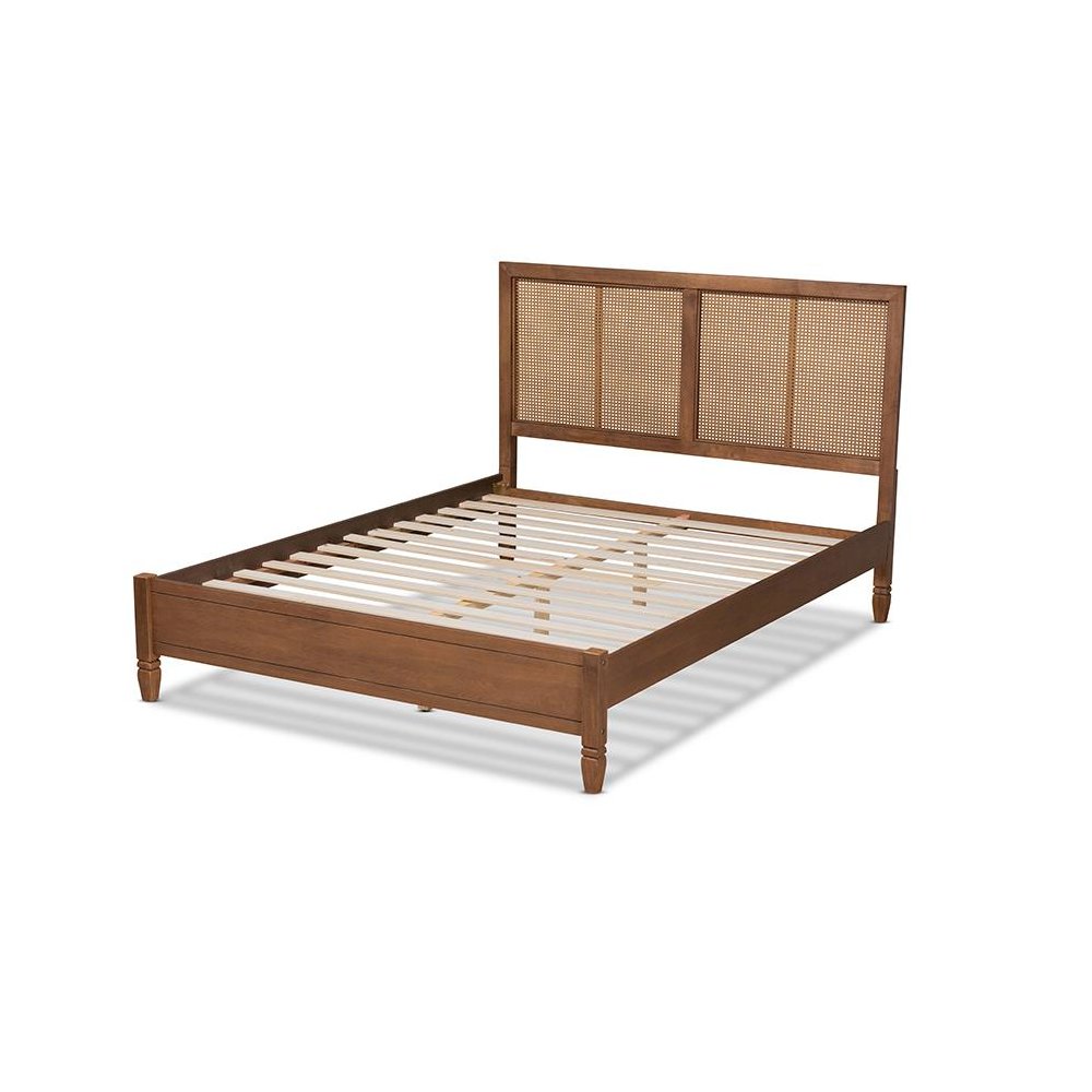 Walnut Brown Finished Wood and Synthetic Rattan Queen Size Platform Bed. Picture 3