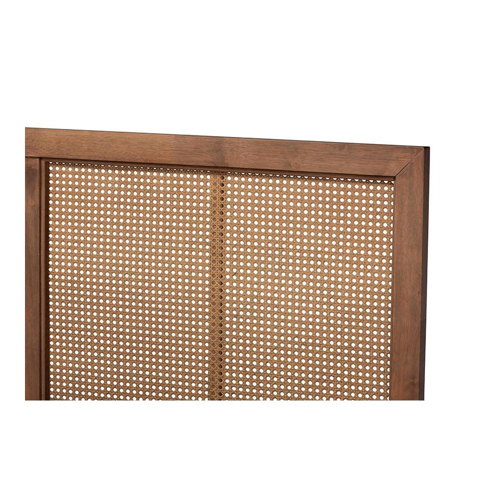 Walnut Brown Finished Wood and Synthetic Rattan Queen Size Platform Bed. Picture 4