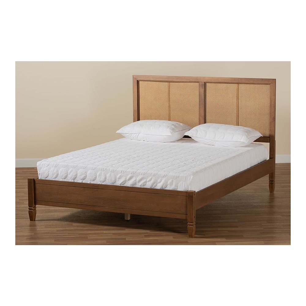 Walnut Brown Finished Wood and Synthetic Rattan Queen Size Platform Bed. Picture 7