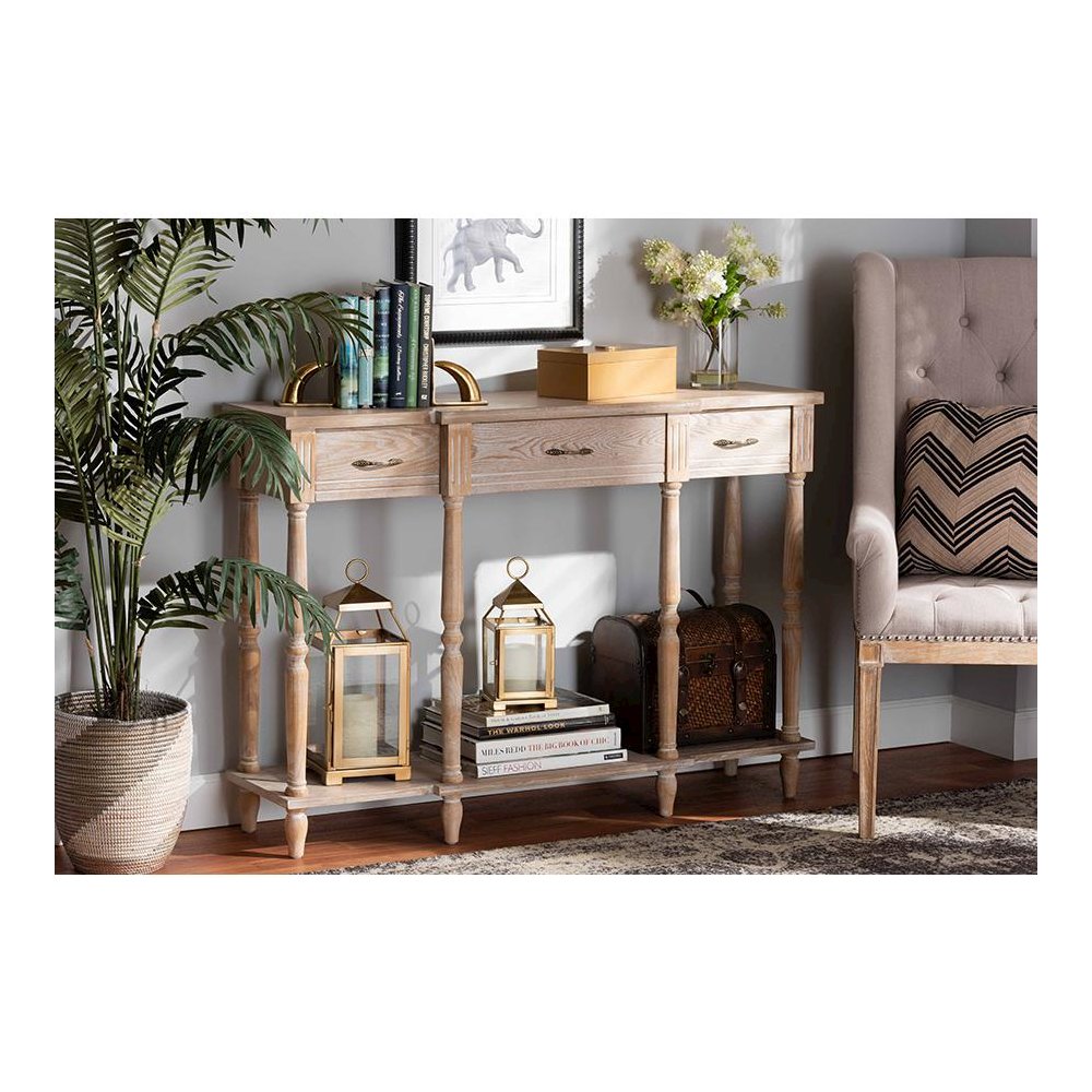 Provincial Rustic Whitewashed Oak Brown Finished Wood 3-Drawer Console Table. Picture 19