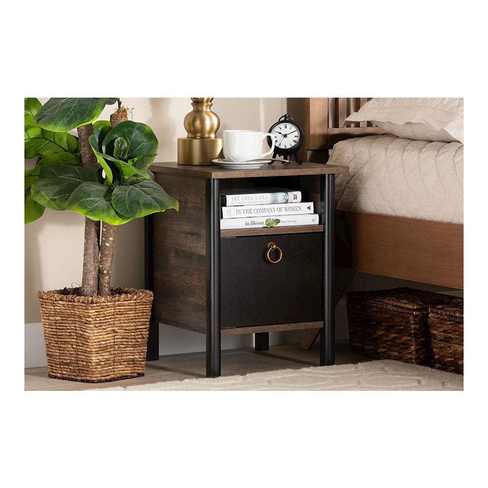 Two-Tone Rustic Brown and Black Finished Wood Nightstand. Picture 17