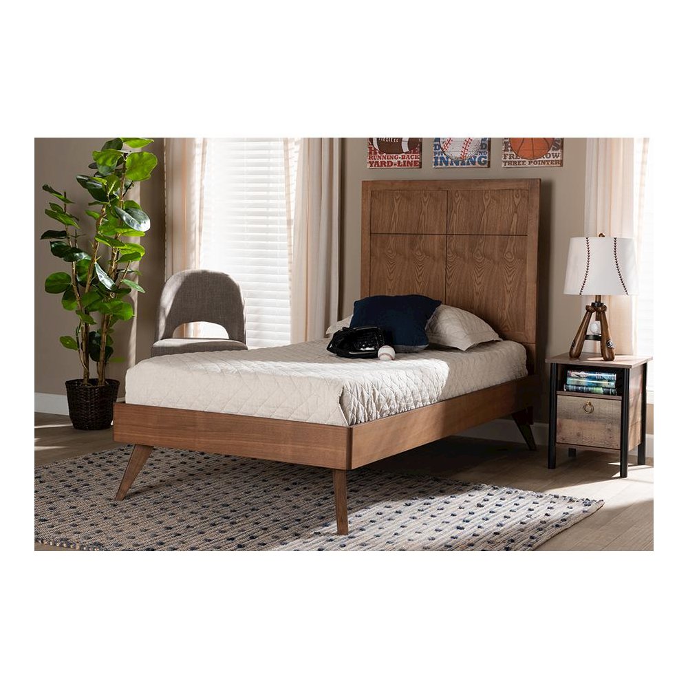 Noela Mid-Century Modern Walnut Brown Finished Wood Twin Size Platform Bed. Picture 19
