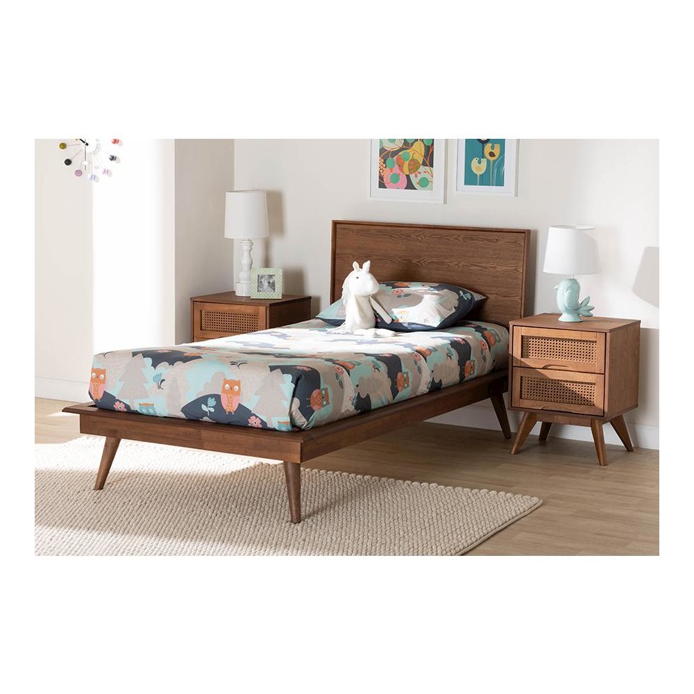 Walnut Brown Finished Wood and Rattan Twin Size 3-Piece Bedroom Set. Picture 25