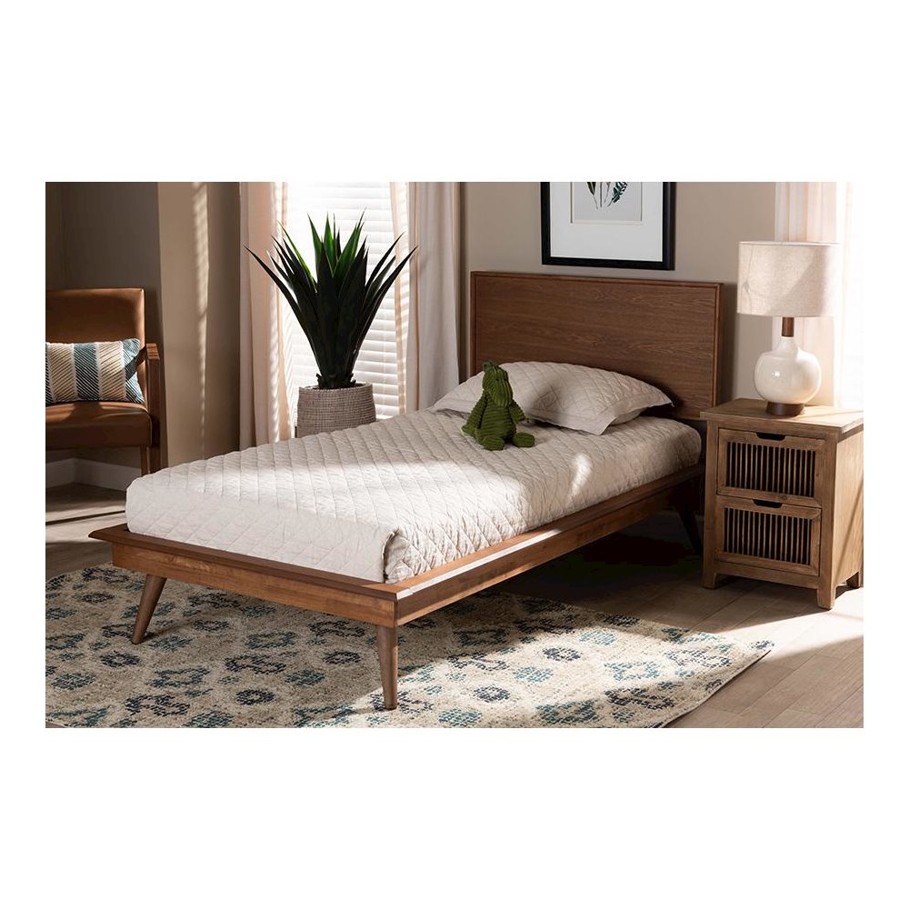 Karine Mid-Century Modern Walnut Brown Finished Wood Twin Size Platform Bed. Picture 19
