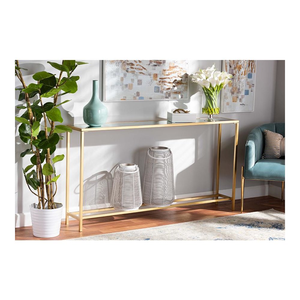 Glam Gold Finished Metal and Mirrored Glass Console Table. Picture 17