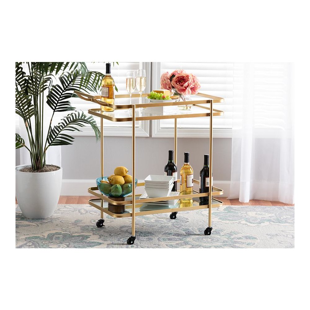 Glam Brushed Gold Finished Metal and Mirrored Glass 2-Tier Mobile Wine Bar Cart. Picture 17
