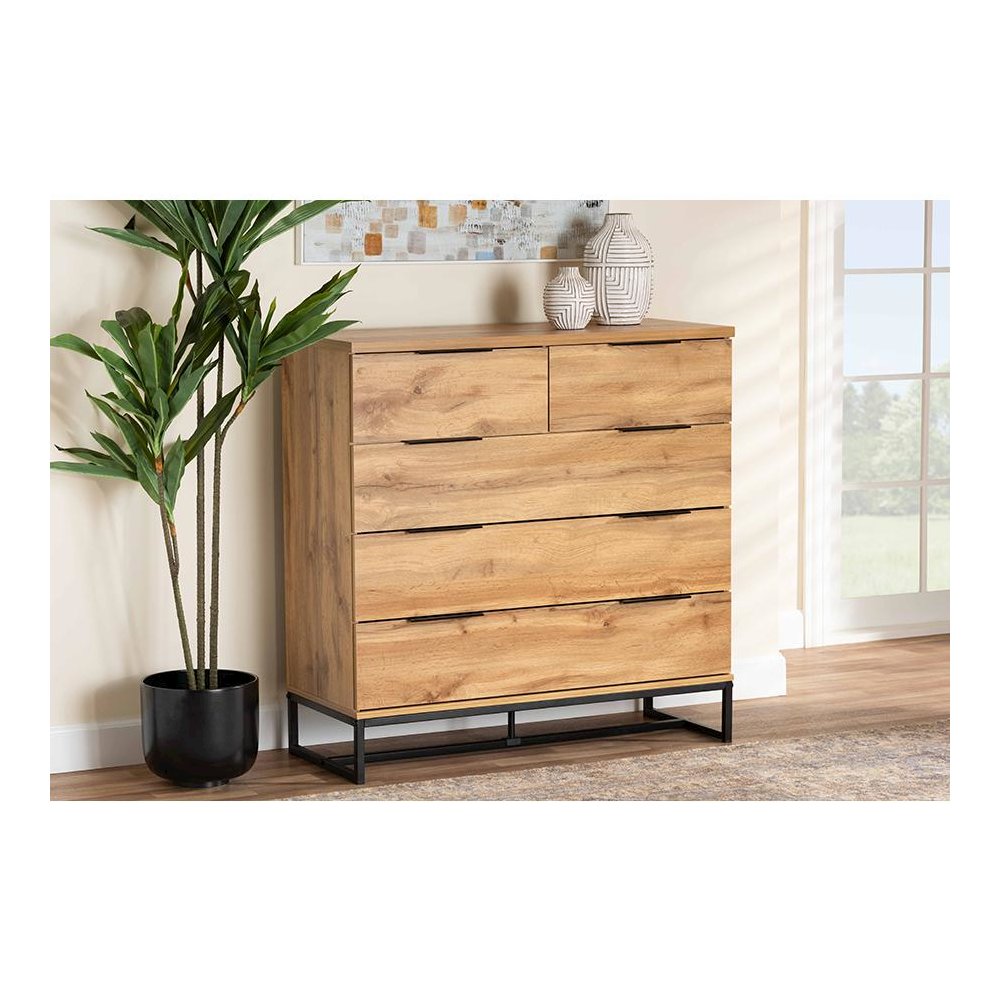 Oak Finished Wood and Black Finished Metal 5-Drawer Bedroom Chest. Picture 19