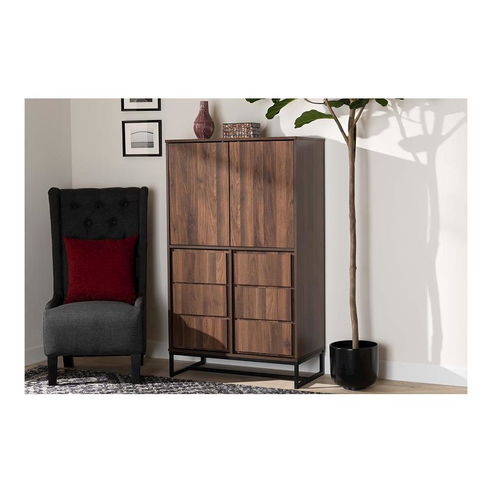 Walnut Brown Finished Wood and Black Finished Metal Multipurpose Storage Cabinet. Picture 19