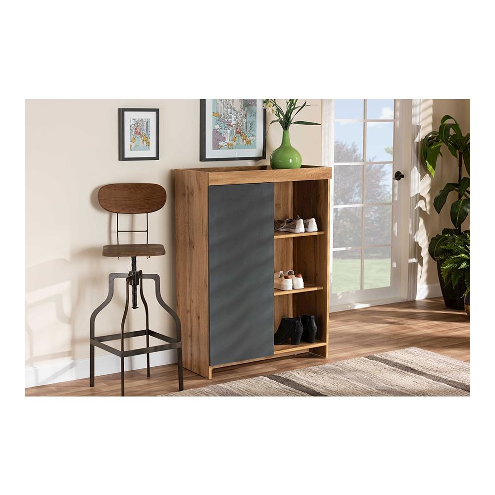 Two-Tone Grey and Oak Brown Finished Wood Shoe Cabinet. Picture 19