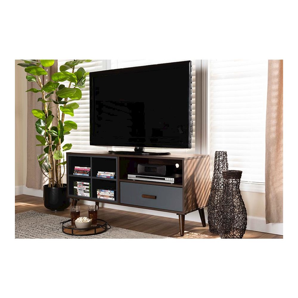 Two-Tone Grey and Walnut Brown Finished Wood 1-Drawer TV Stand. Picture 21