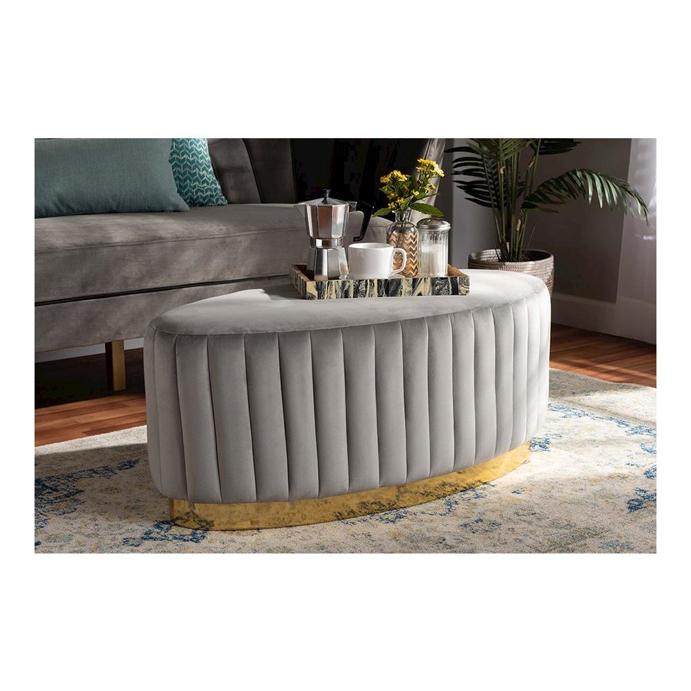 Kirana Glam and Luxe Grey Velvet Fabric Upholstered and Gold PU Leather Ottoman. Picture 15