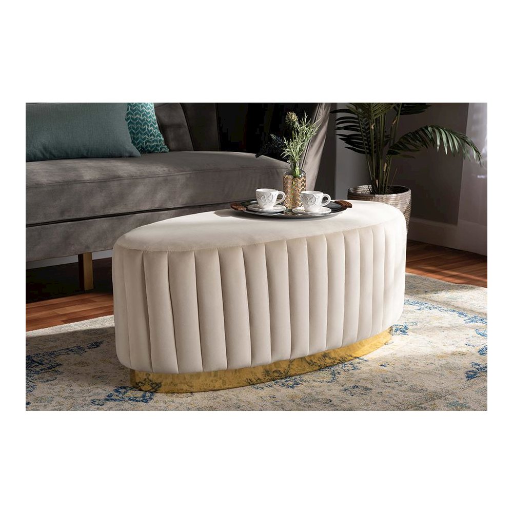 Kirana Glam and Luxe Beige Velvet Fabric Upholstered and Gold PU Leather Ottoman. Picture 15