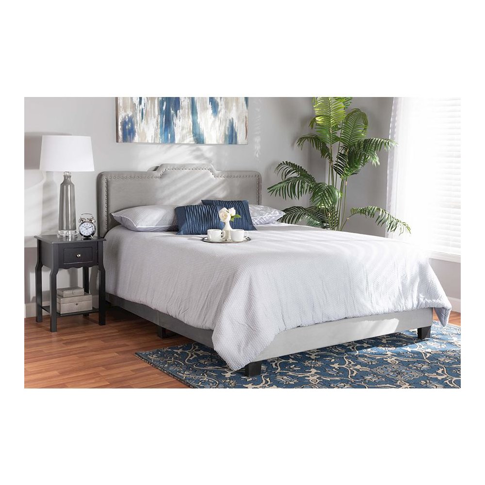Glam Grey Velvet Fabric Upholstered Queen Size Panel Bed. Picture 19