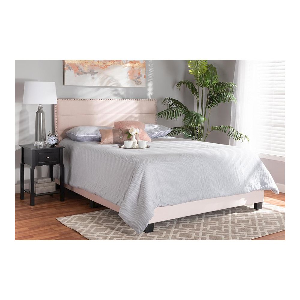 Glam Light Pink Velvet Fabric Upholstered Full Size Panel Bed. Picture 19