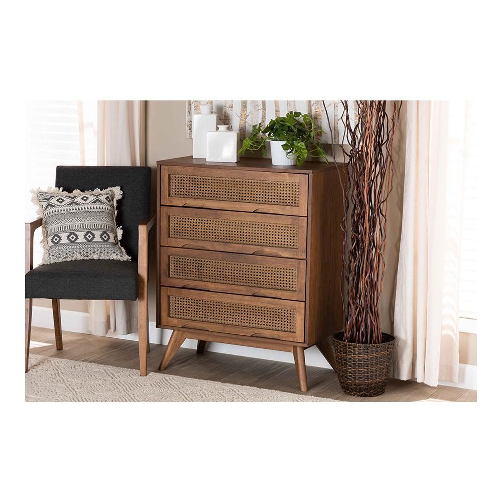 Modern Walnut Brown Finished Wood and Synthetic Rattan 4-Drawer Chest. Picture 23