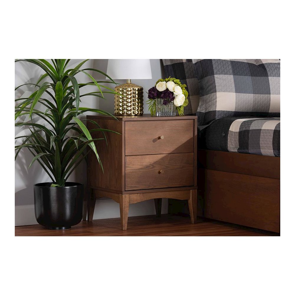 Landis Mid-Century Modern Ash Walnut Finished Wood 2-Drawer Nightstand. Picture 23