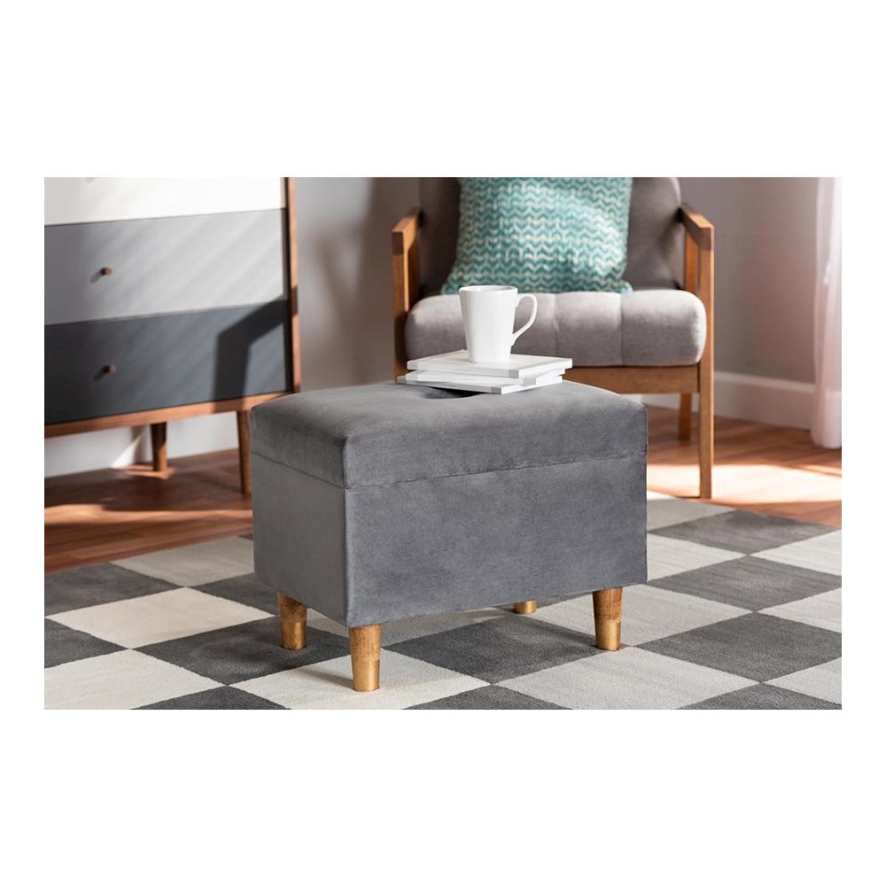 Grey Velvet Fabric Upholstered and Oak Brown Finished Wood Storage Ottoman. Picture 23