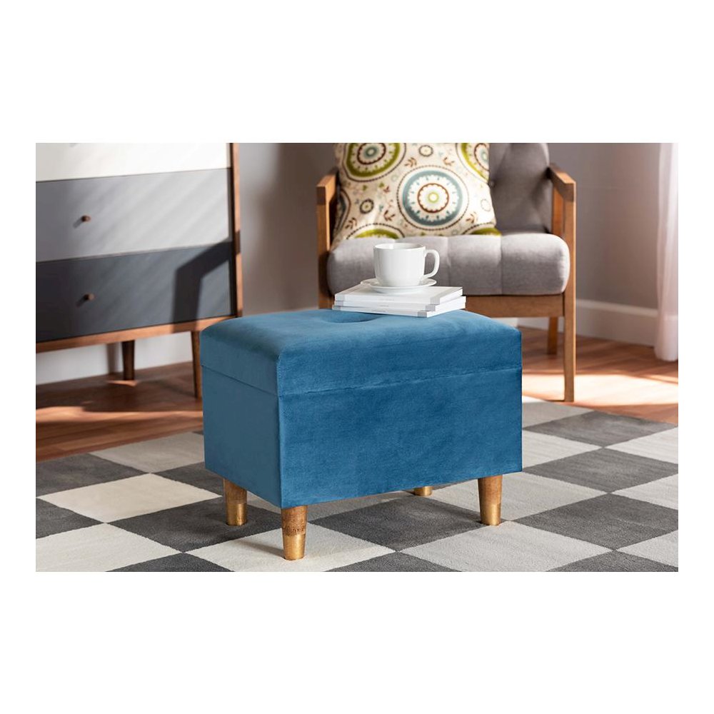 Sky Blue Velvet Fabric Upholstered and Oak Brown Finished Wood Storage Ottoman. Picture 23
