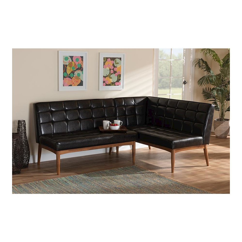 Leather Upholstered Walnut Brown Finished Wood 2-Piece Dining Nook Banquette Set. Picture 17