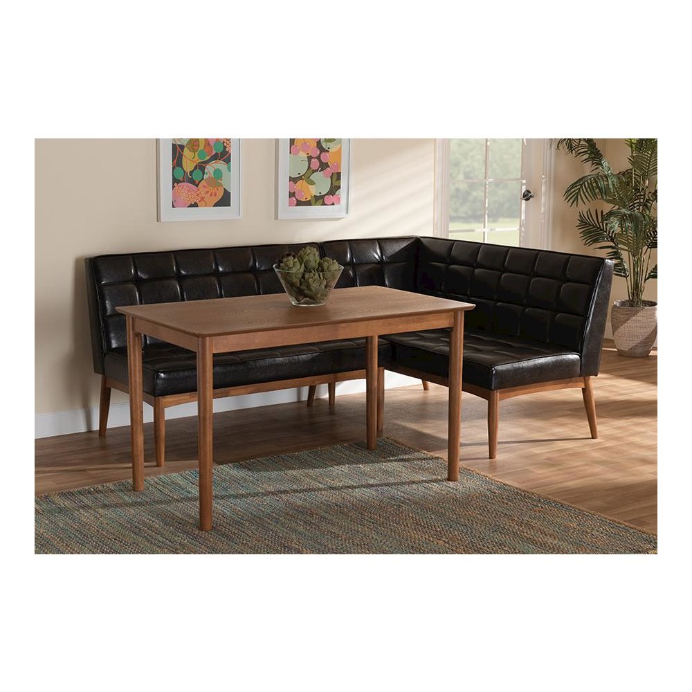 Leather Upholstered and Walnut Brown Finished Wood 3-Piece Dining Nook Set. Picture 21