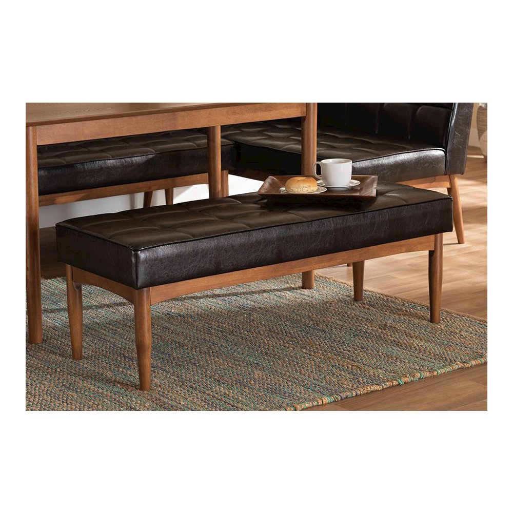 Leather Upholstered and Walnut Brown Finished Wood Dining Bench. Picture 17