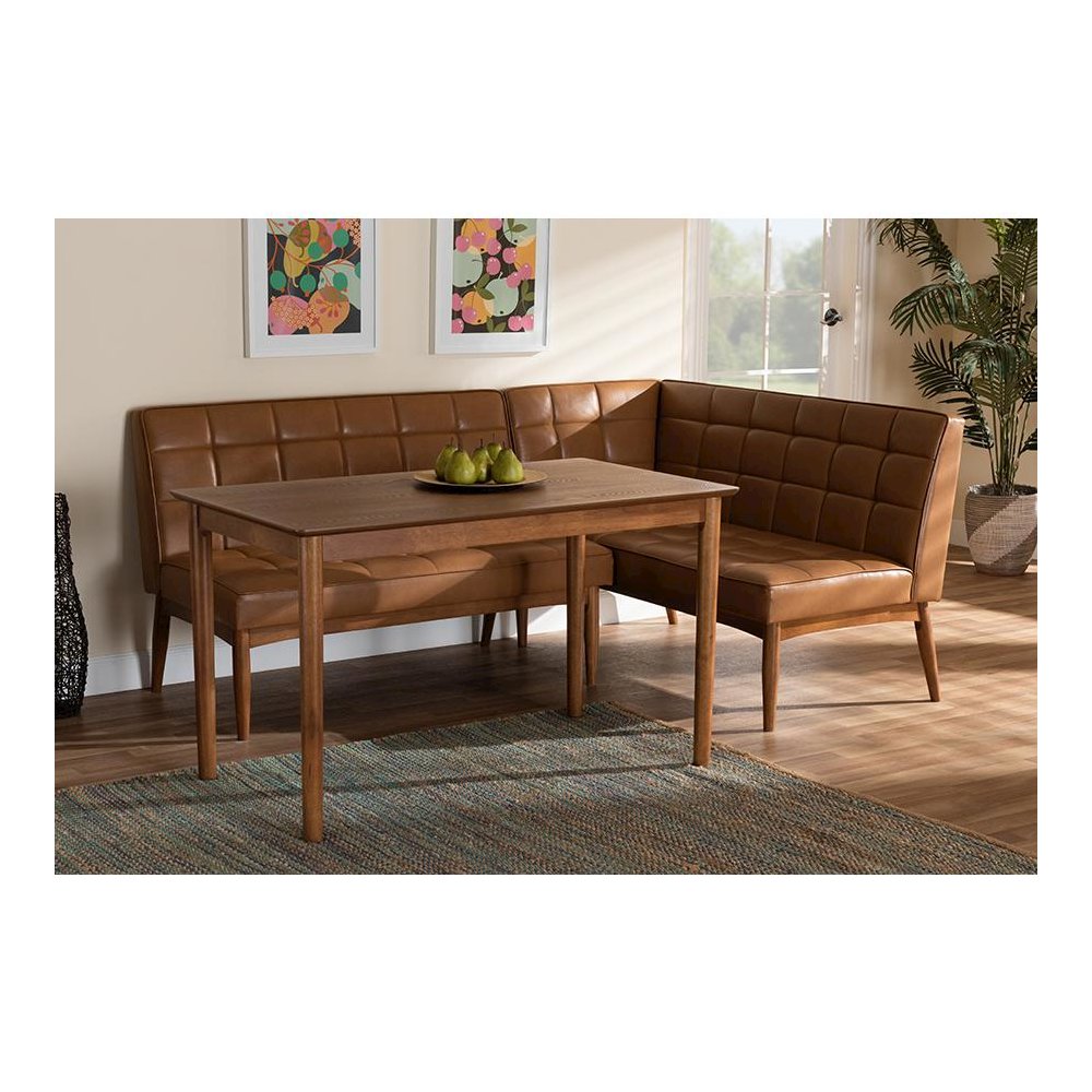 Leather Upholstered and Walnut Brown Finished Wood 3-Piece Dining Nook Set. Picture 21