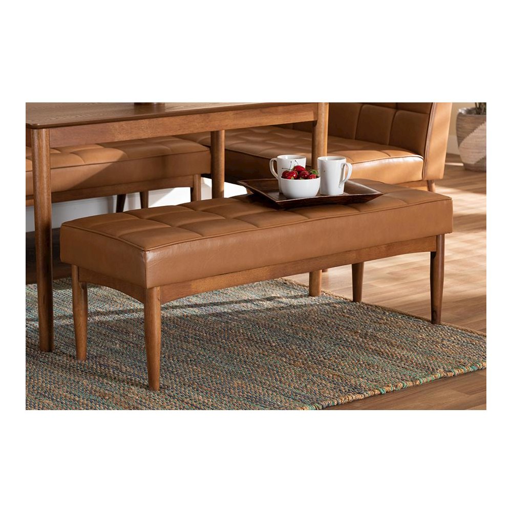 Leather Upholstered and Walnut Brown Finished Wood Dining Bench. Picture 17