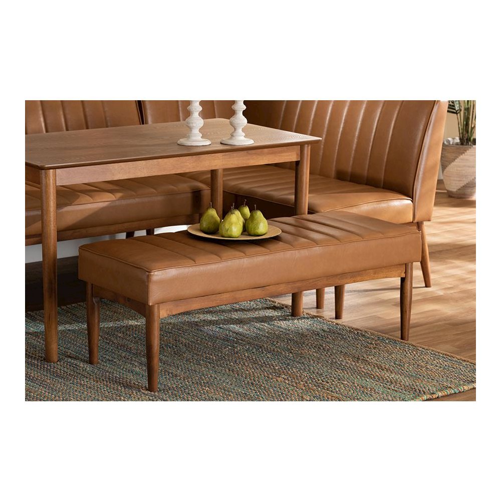 Leather Upholstered and Walnut Brown Finished Wood Dining Bench. Picture 15
