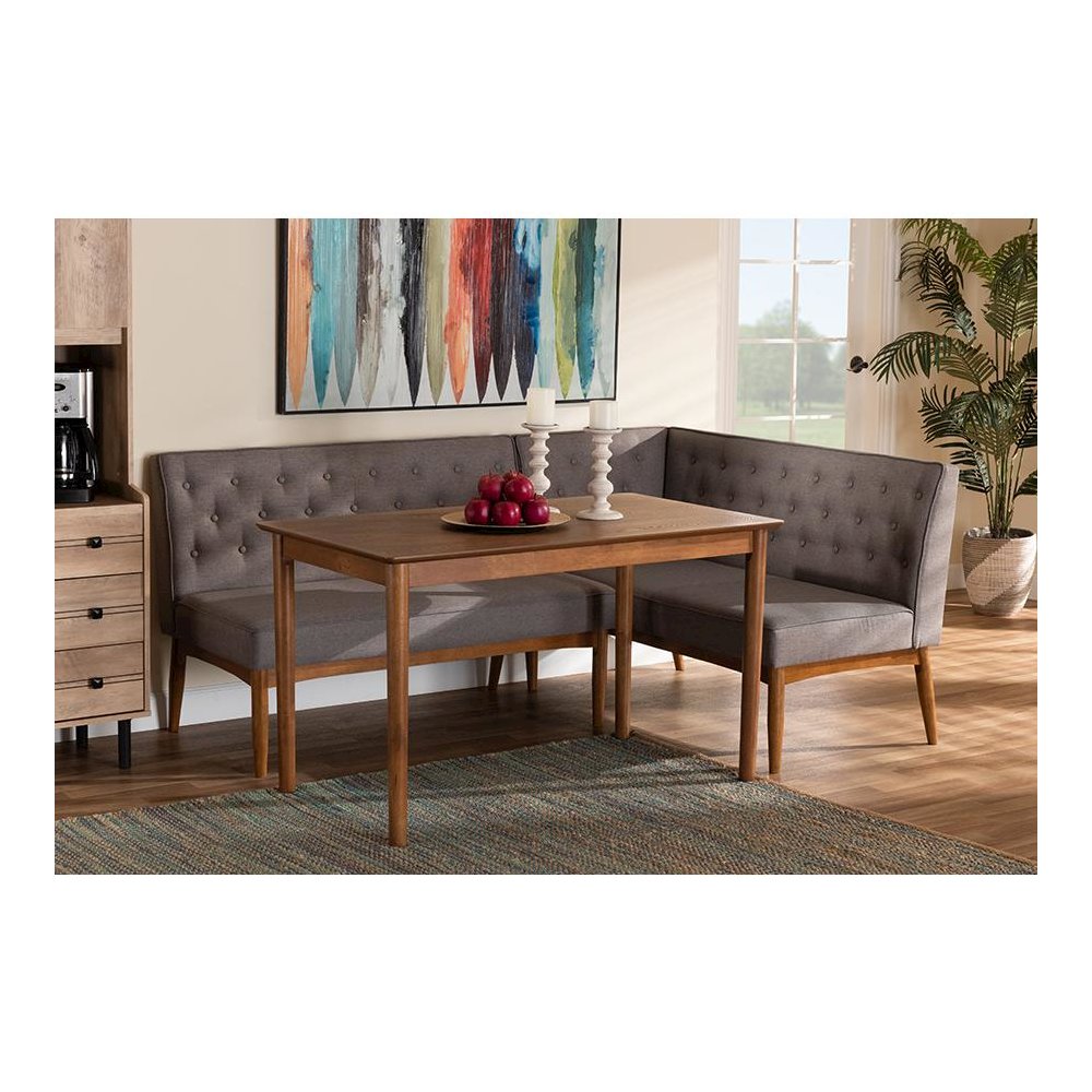 Grey Fabric Upholstered and Walnut Brown Finished Wood 3-Piece Dining Nook Set. Picture 21